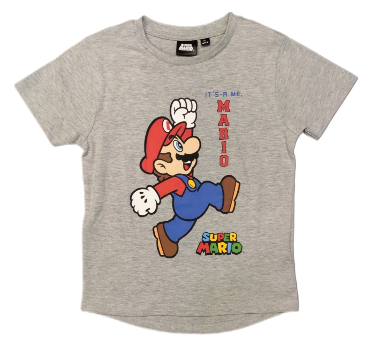 Super Marion T-Shirt in Grau mit Mario in Laufpose und dem Schriftzug "Its me Mario"